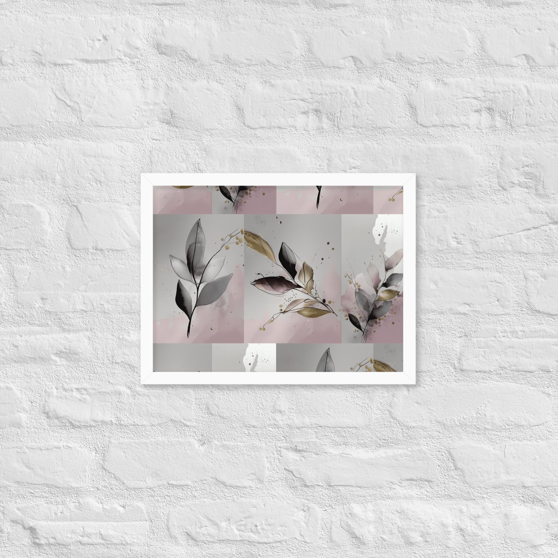 'Close Your Eyes and Make a Wish' framed floral poster hanging on a wall. The poster features a botanical watercolor design in pink and grey tones,