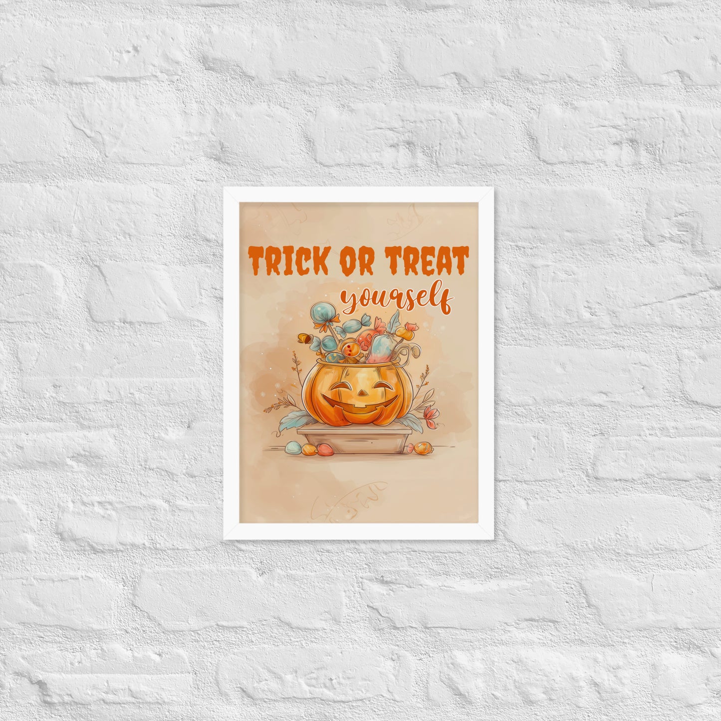 Halloween-themed poster with a pumpkin and 'Trick or Treat yourself' text on a textured white background.