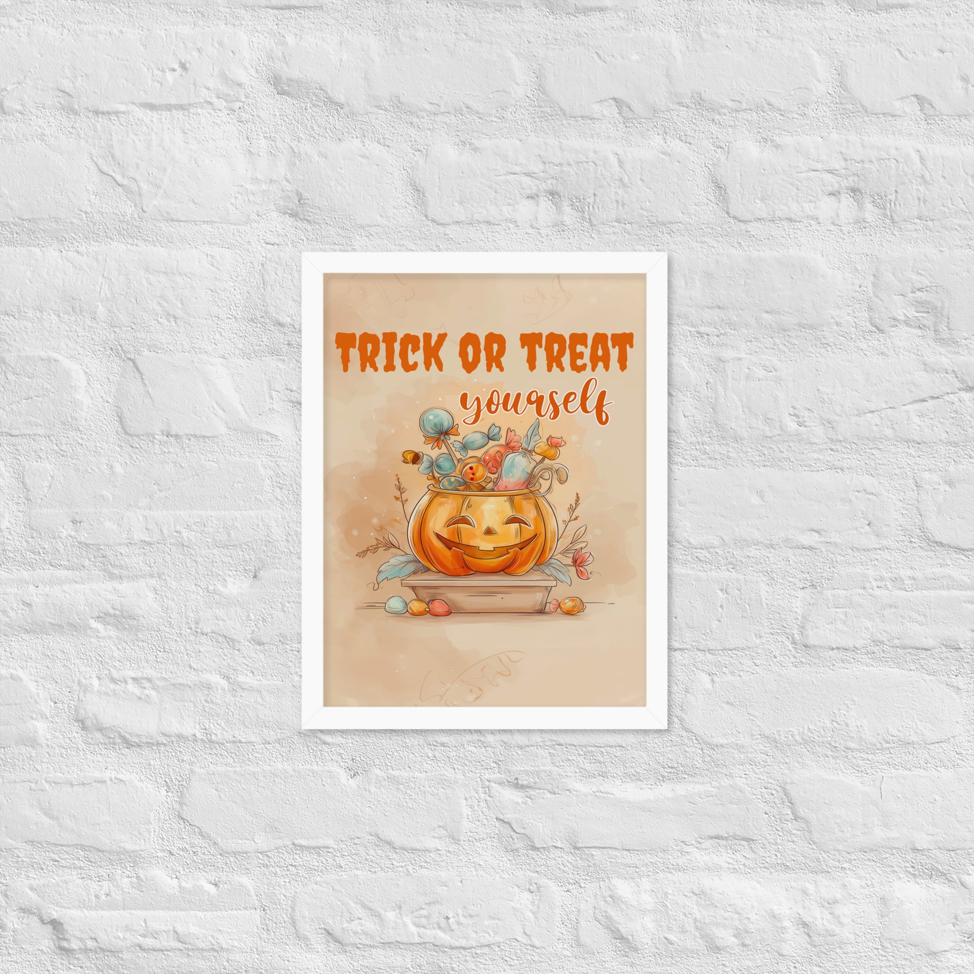 Halloween-themed poster with a pumpkin and 'Trick or Treat yourself' text on a textured white background.