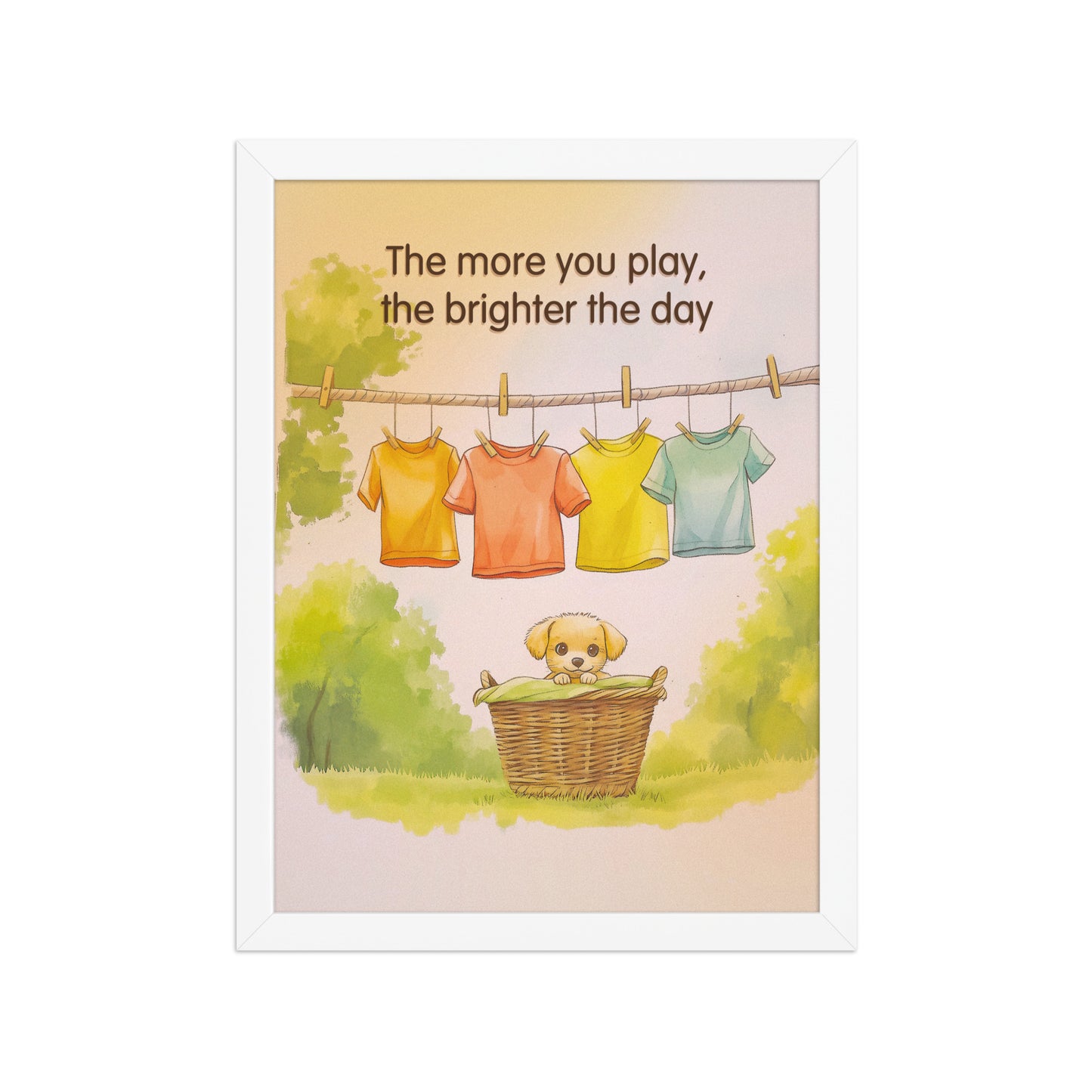 The More You Play framed poster by Sweet and Savage featuring a cute puppy sitting in a wicker laundry basket surrounded by colorful clothes.