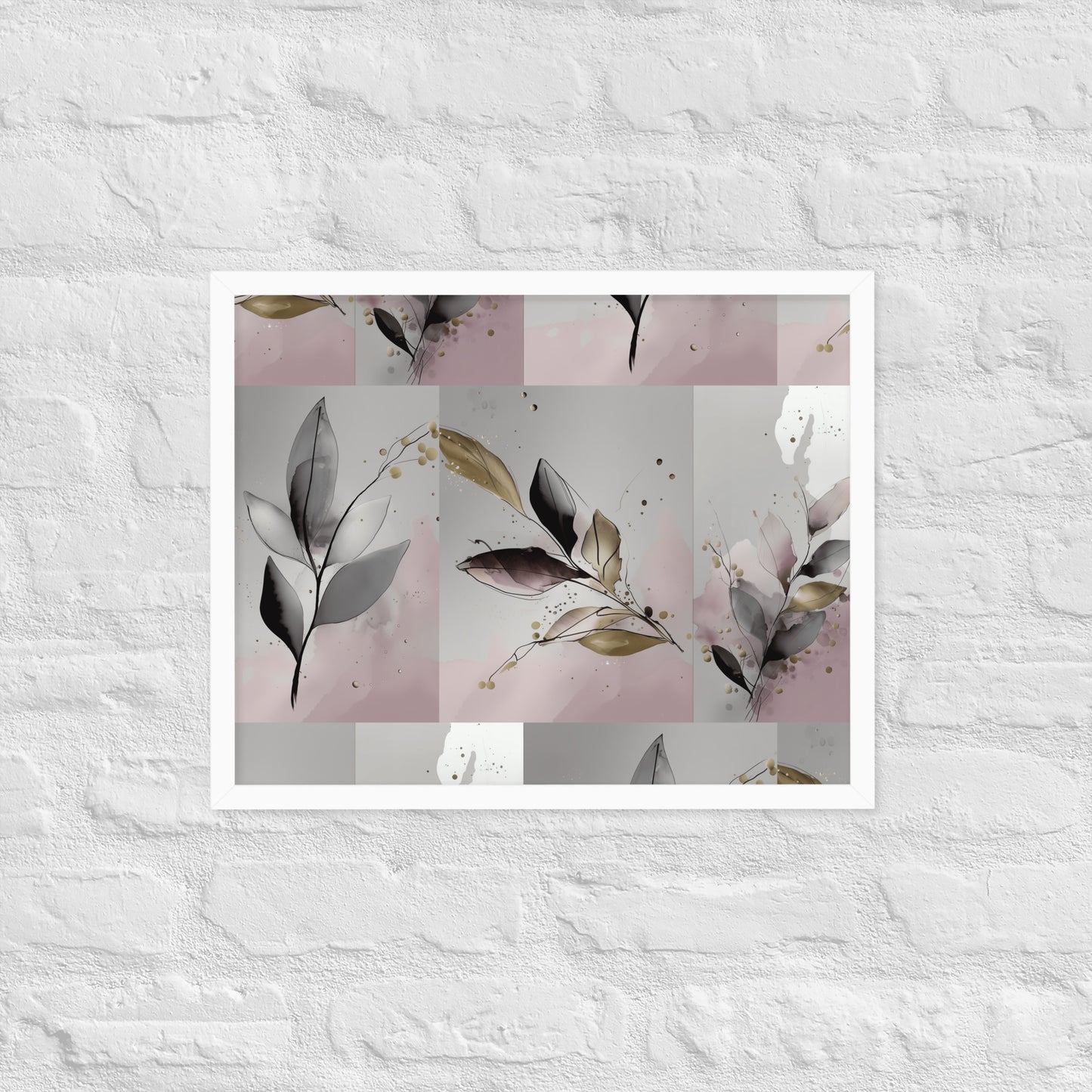 'Close Your Eyes and Make a Wish' framed floral poster hanging on a wall. The poster features a botanical watercolor design in pink and grey tones,