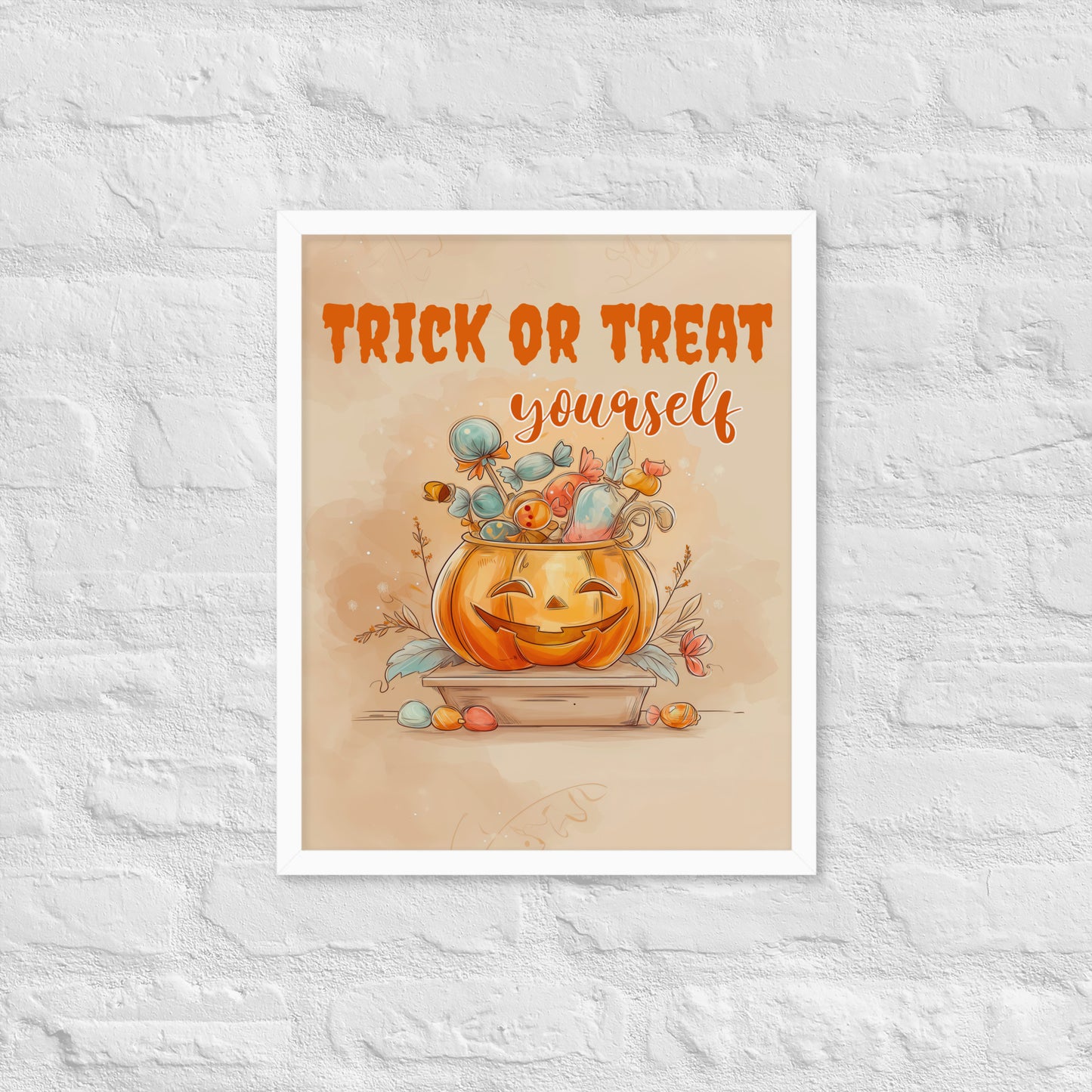 Halloween-themed poster with a pumpkin and candy jar on a textured white wall.
