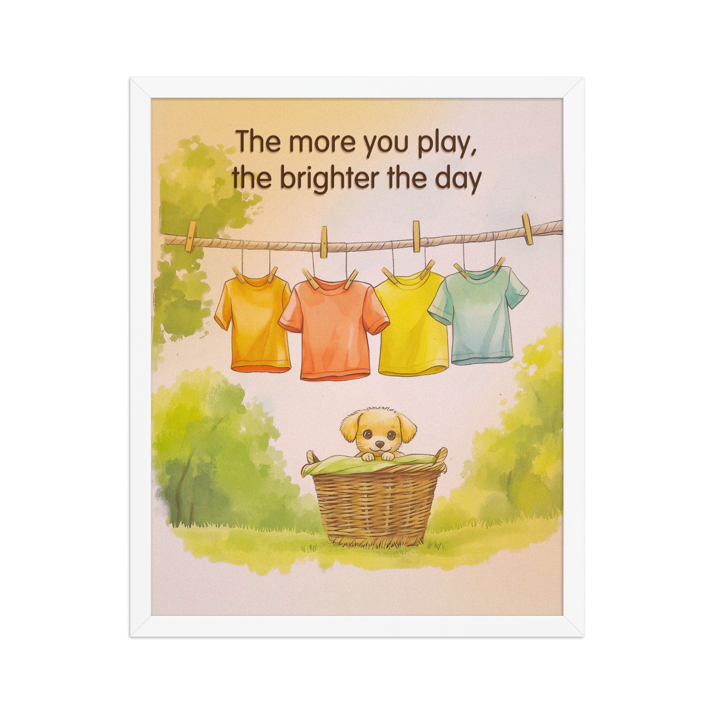 The More You Play framed poster by Sweet and Savage featuring a cute puppy sitting in a wicker laundry basket surrounded by colorful clothes.