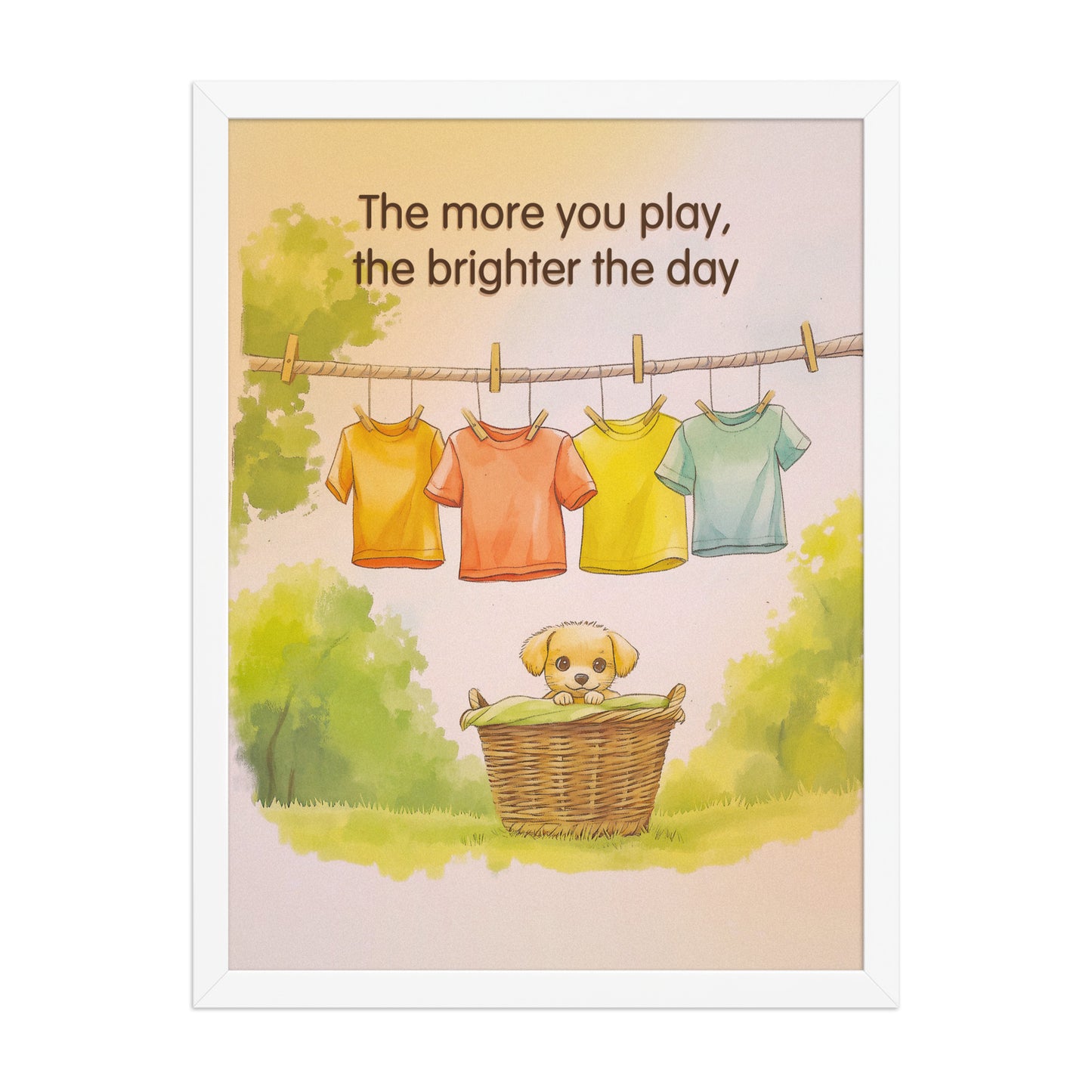 The More You Play framed poster by Sweet and Savage featuring a cute puppy sitting in a wicker laundry basket surrounded by colorful clothes.