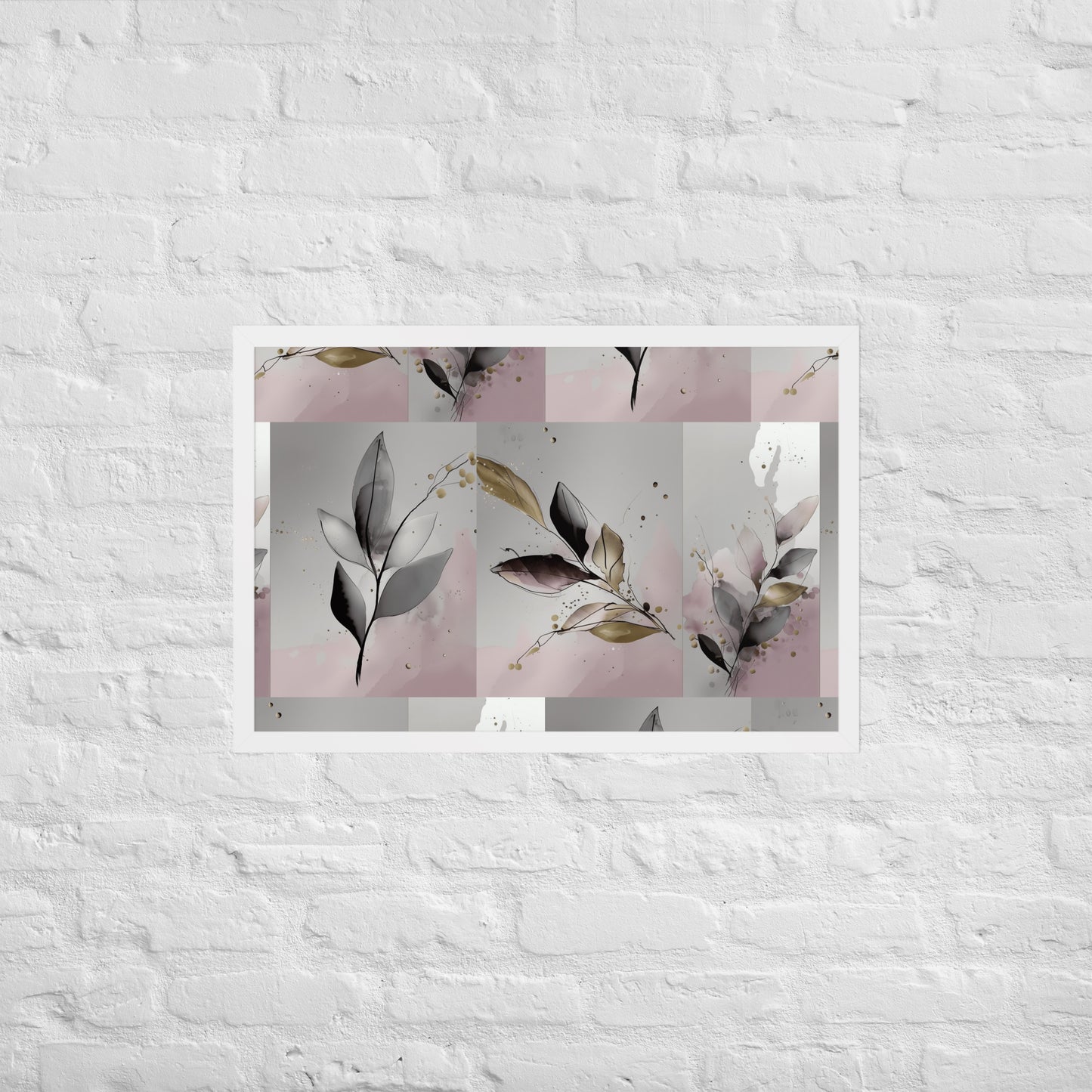 'Close Your Eyes and Make a Wish' framed floral poster hanging on a wall. The poster features a botanical watercolor design in pink and grey tones,