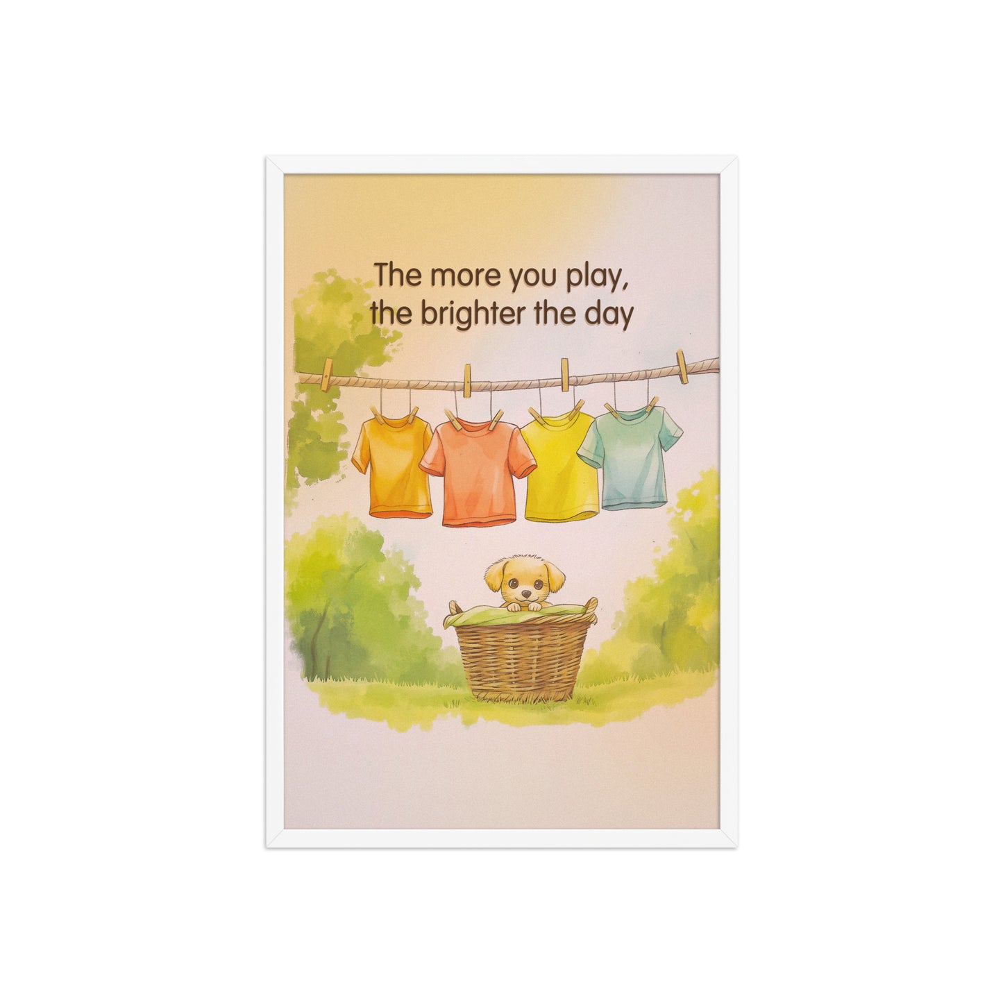 The More You Play framed poster by Sweet and Savage featuring a cute puppy sitting in a wicker laundry basket surrounded by colorful clothes.