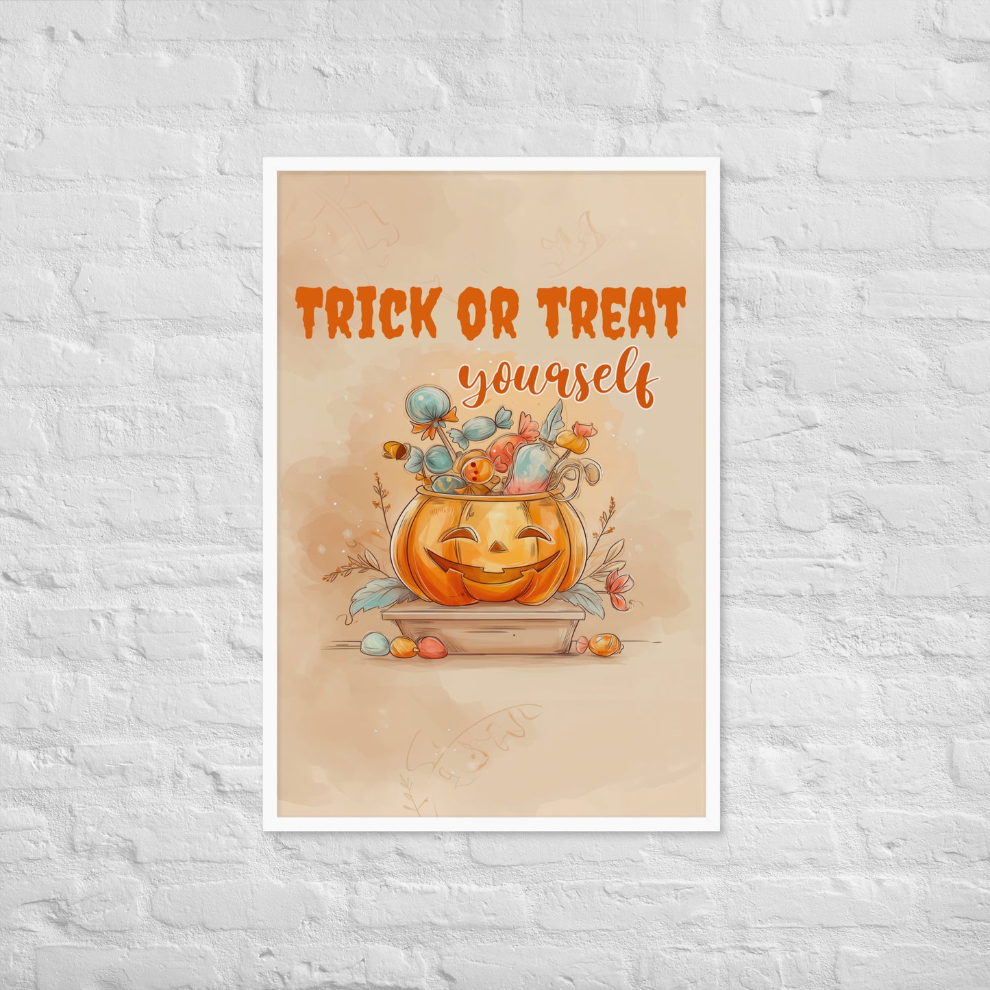Halloween-themed poster with a pumpkin and candy on a beige background, featuring the text 'Trick or Treat yourself'.