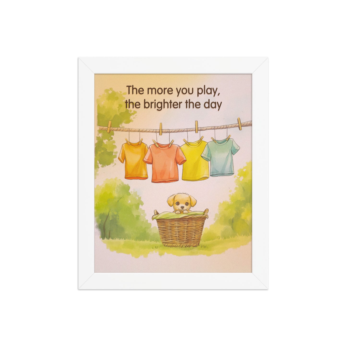 The More You Play framed poster by Sweet and Savage featuring a cute puppy sitting in a wicker laundry basket surrounded by colorful clothes.