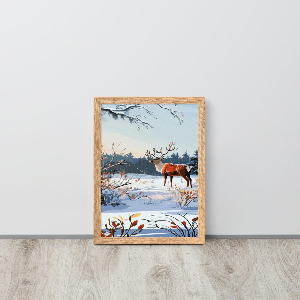 Framed watercolor poster titled Winter Wonders featuring a serene snowy landscape in soft blue and white tones, hanging on a neutral wall