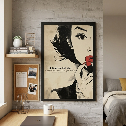 Framed poster of a woman holding a red lipstick with the words 'A Femme Fatale' next to her in a modern living room.