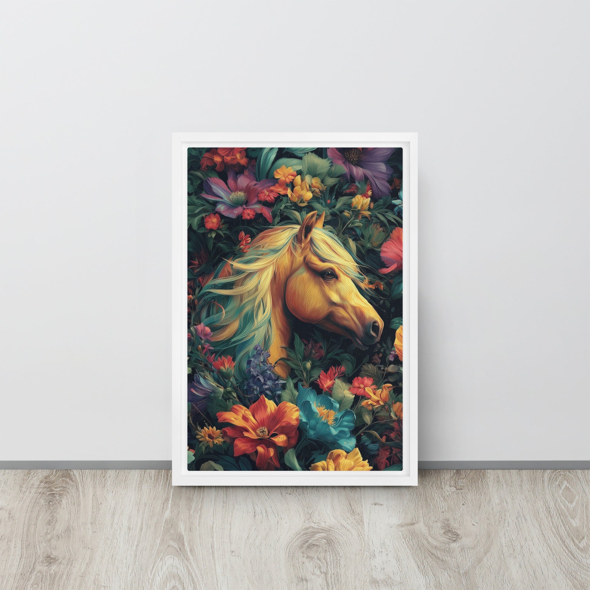 Large framed canvas featuring a bold, vibrant illustration of a horse inspired by Tina Turner's music video. 