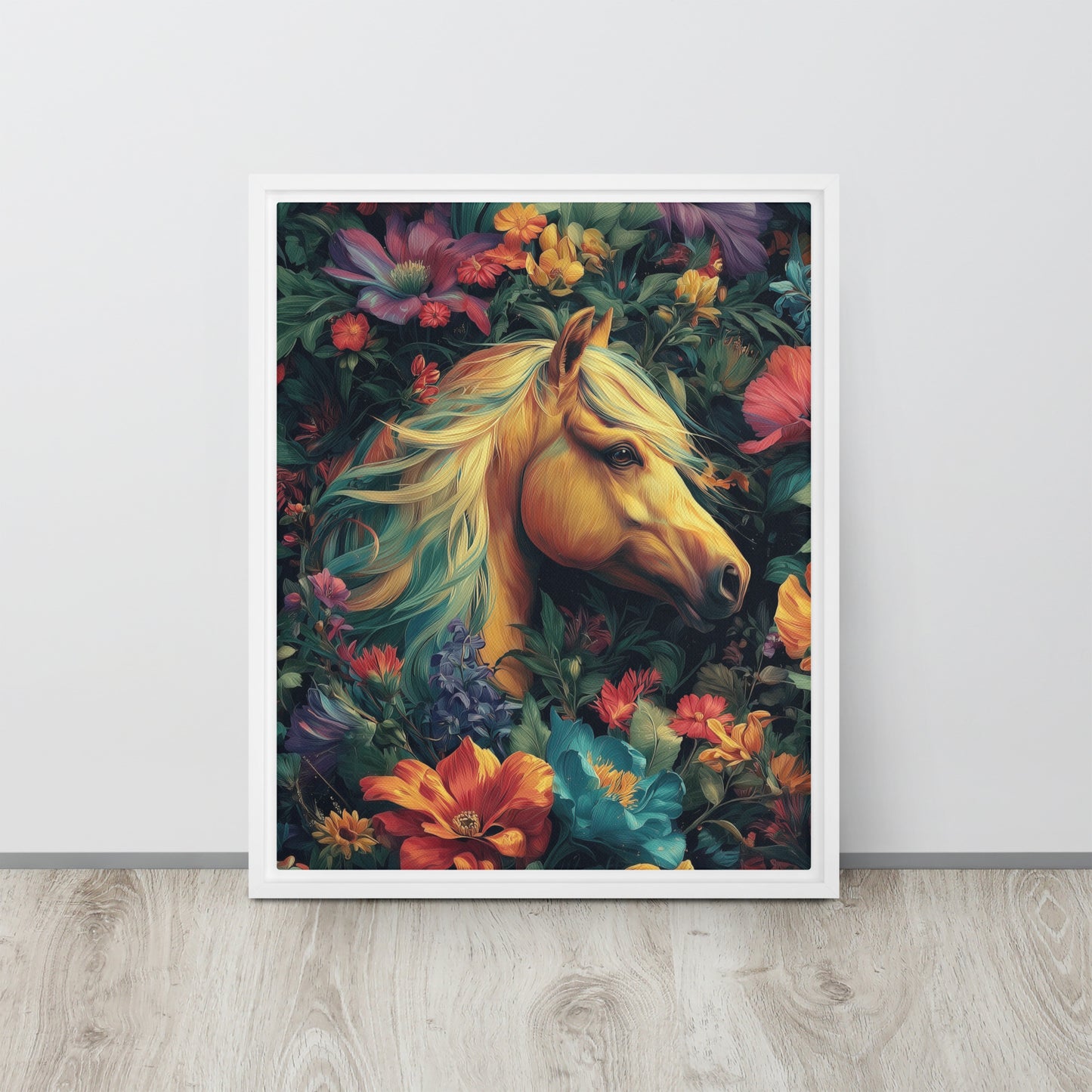 Large framed canvas featuring a bold, vibrant illustration of a horse inspired by Tina Turner's music video. 