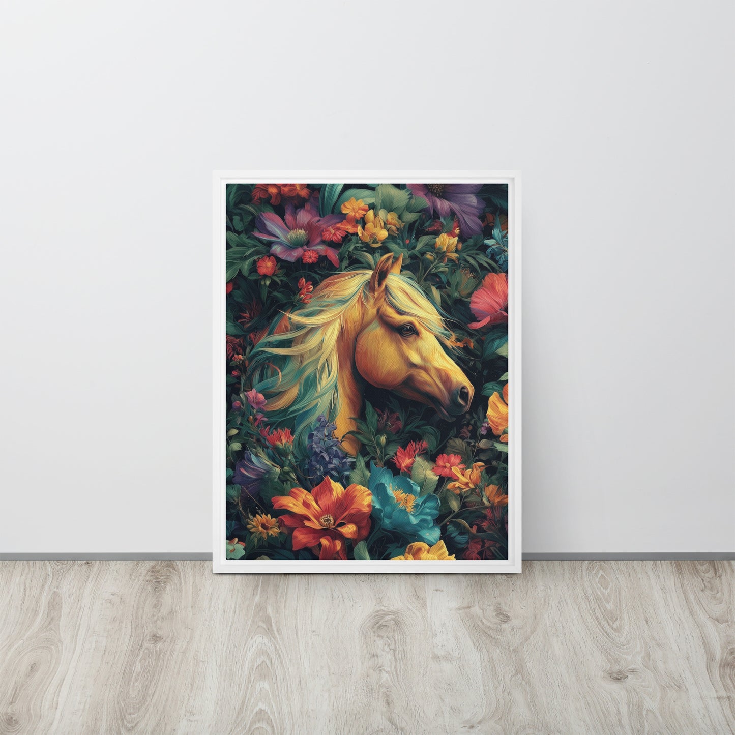 Large framed canvas featuring a bold, vibrant illustration of a horse inspired by Tina Turner's music video. 
