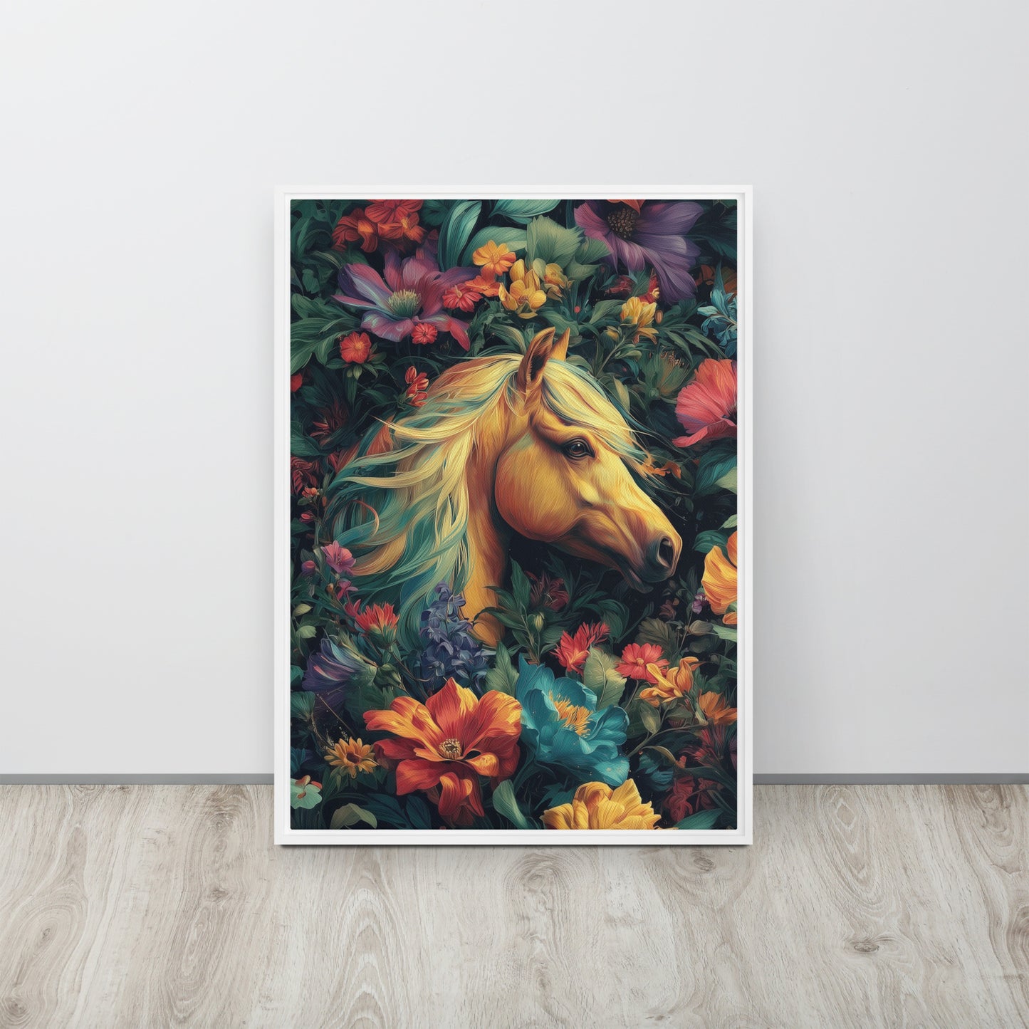 Large framed canvas featuring a bold, vibrant illustration of a horse inspired by Tina Turner's music video. 