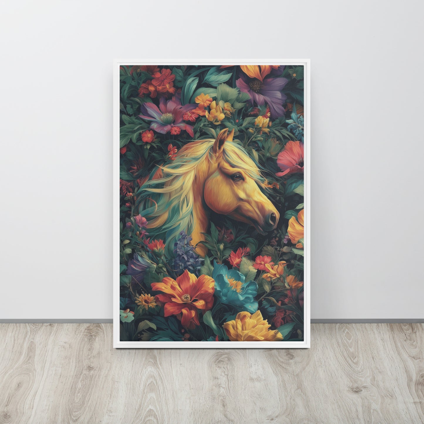 Large framed canvas featuring a bold, vibrant illustration of a horse inspired by Tina Turner's music video. 