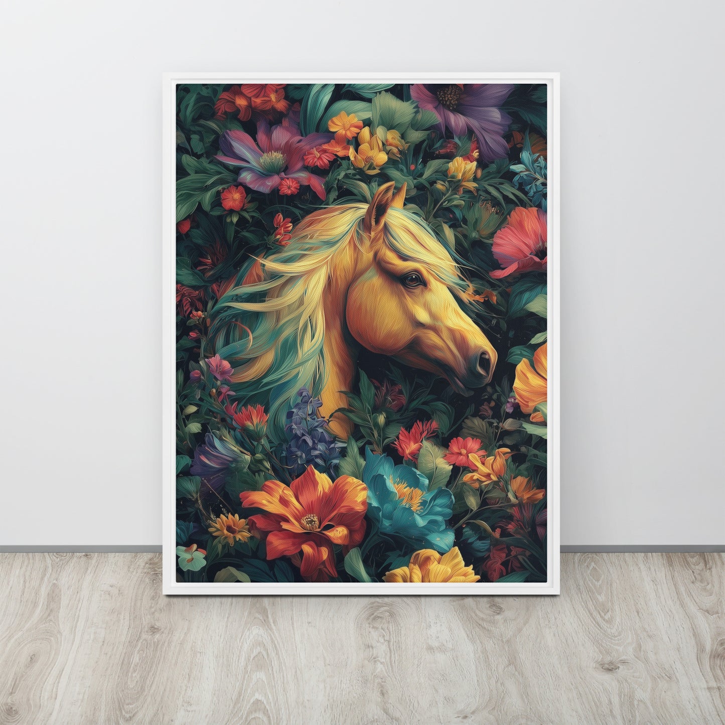 Large framed canvas featuring a bold, vibrant illustration of a horse inspired by Tina Turner's music video. 