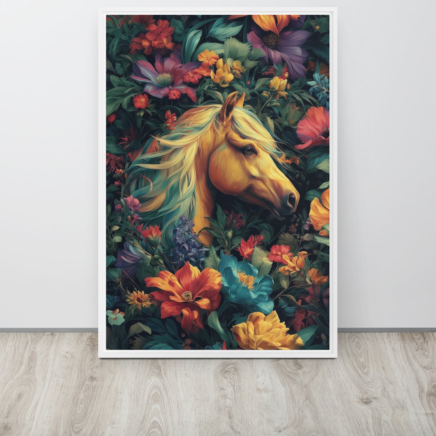 Large framed canvas featuring a bold, vibrant illustration of a horse inspired by Tina Turner's music video. 