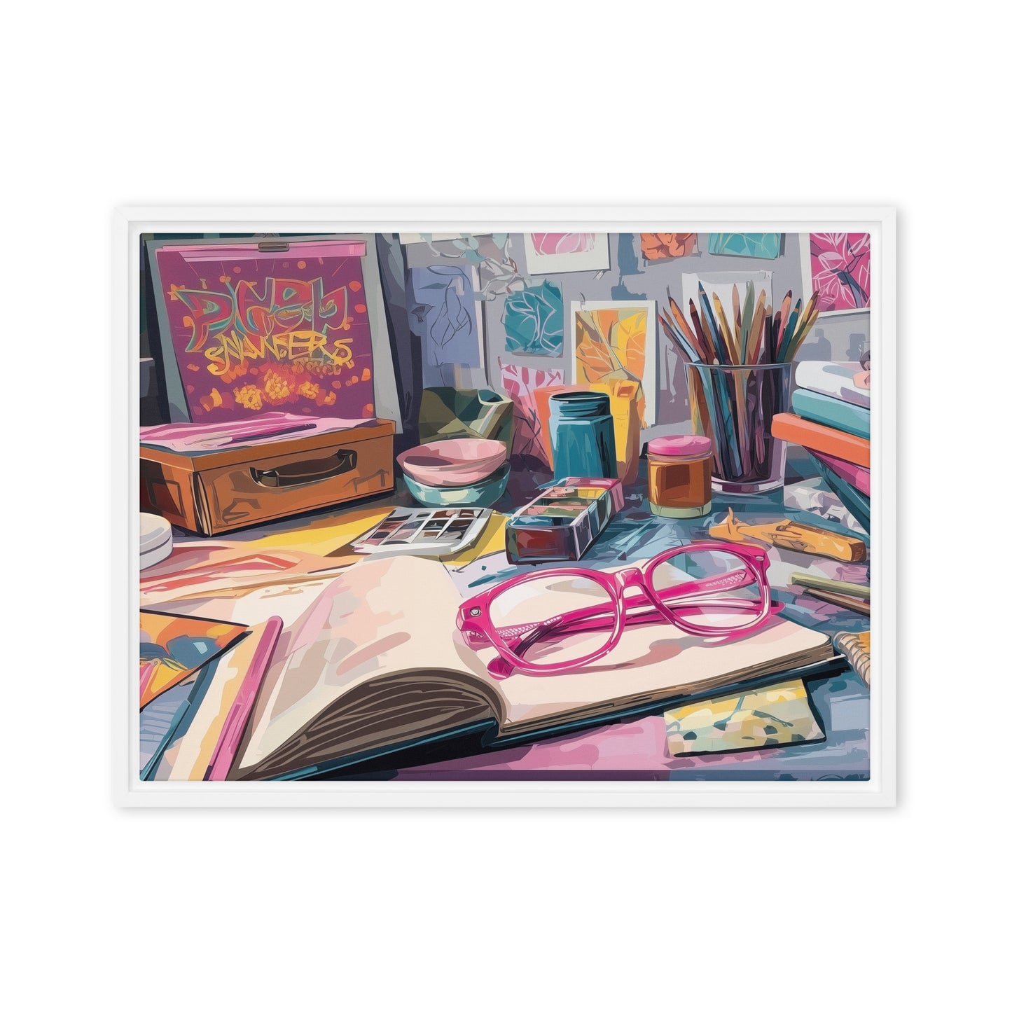 Colourful canvas poster depicting desk scene with books, glasses, and stationery on a white background by Sweet and Savage. 
