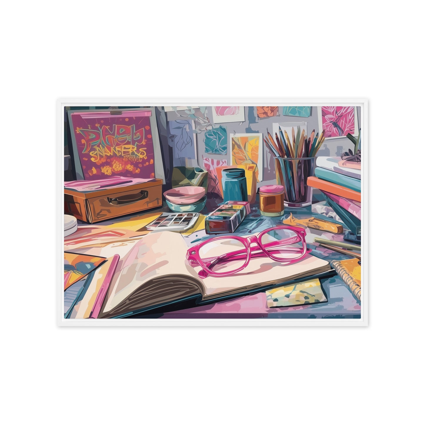 Colourful canvas poster depicting desk scene with books, glasses, and stationery on a white background by Sweet and Savage. 