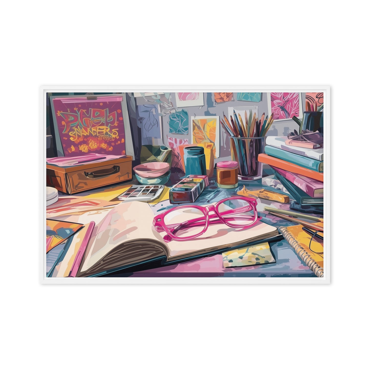 Colourful canvas poster depicting desk scene with books, glasses, and stationery on a white background by Sweet and Savage. 