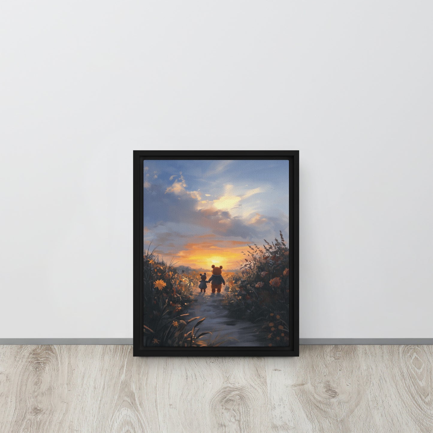 Framed canvas featuring a warm sunset scene and friends walking together without devices.