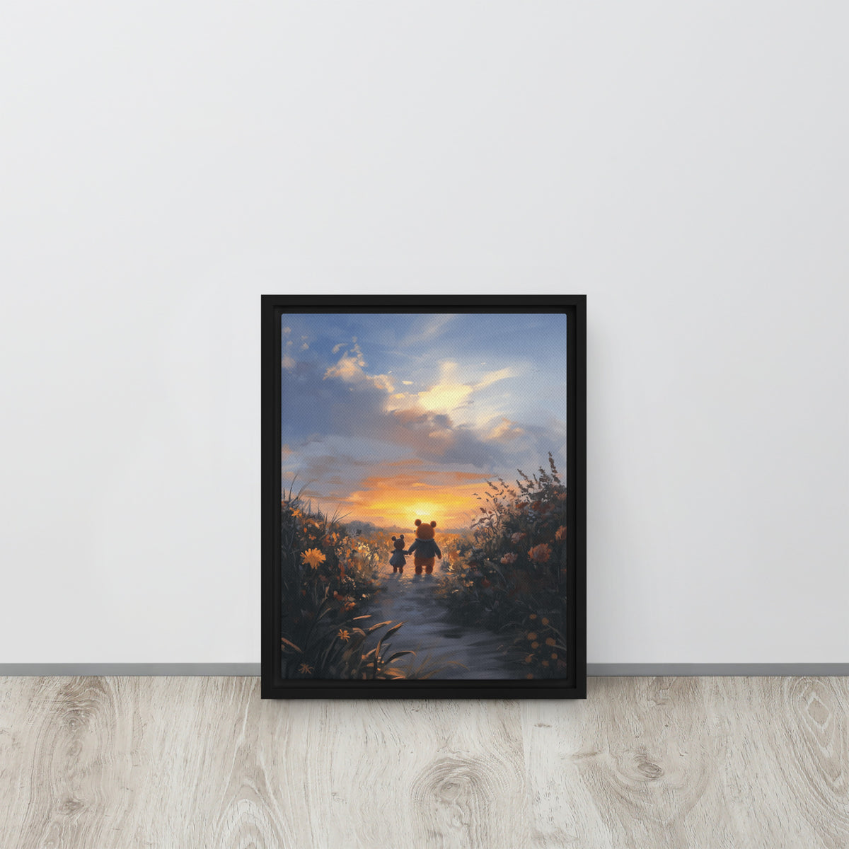 Framed canvas featuring a warm sunset scene and friends walking together without devices.