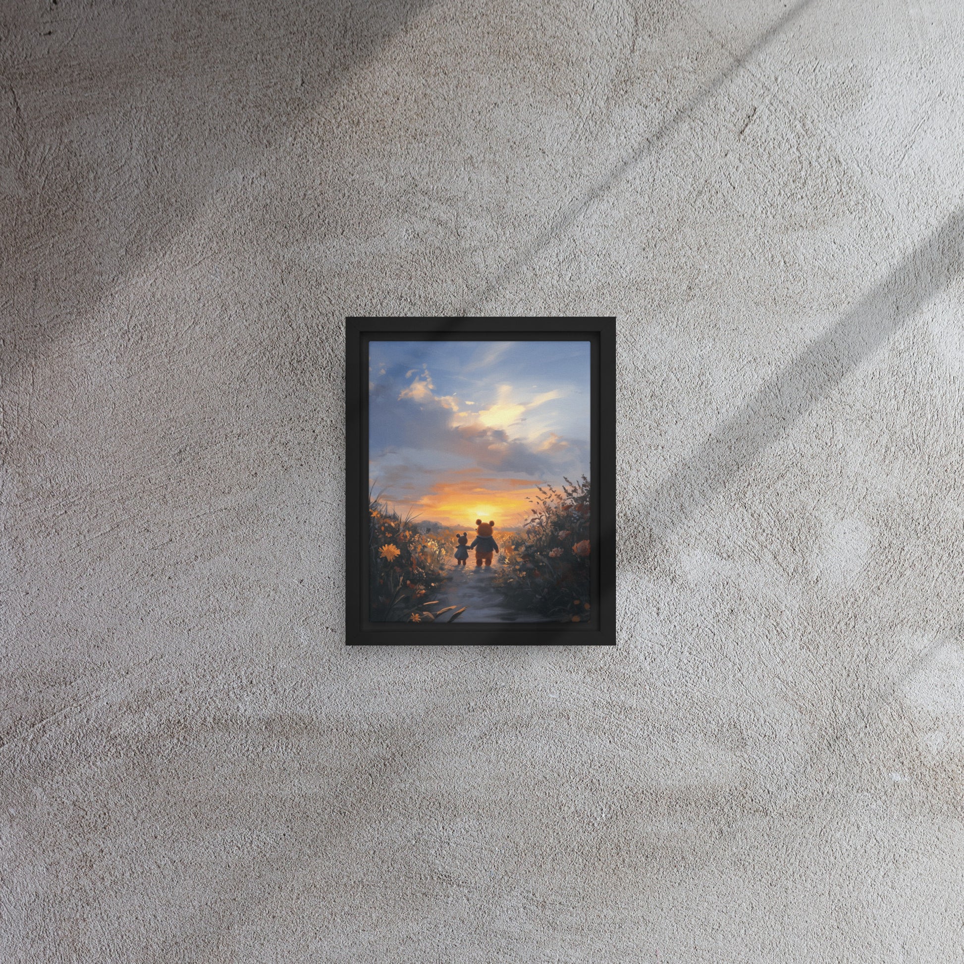 Framed canvas featuring a warm sunset scene and friends walking together without devices.