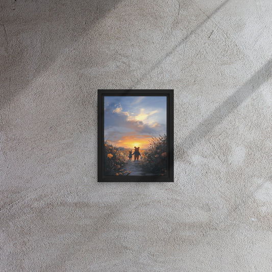 Framed canvas featuring a warm sunset scene and friends walking together without devices.