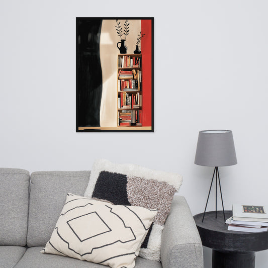 Framed artistic poster of a colorful bookshelf filled with books, printed on high-quality matte paper.