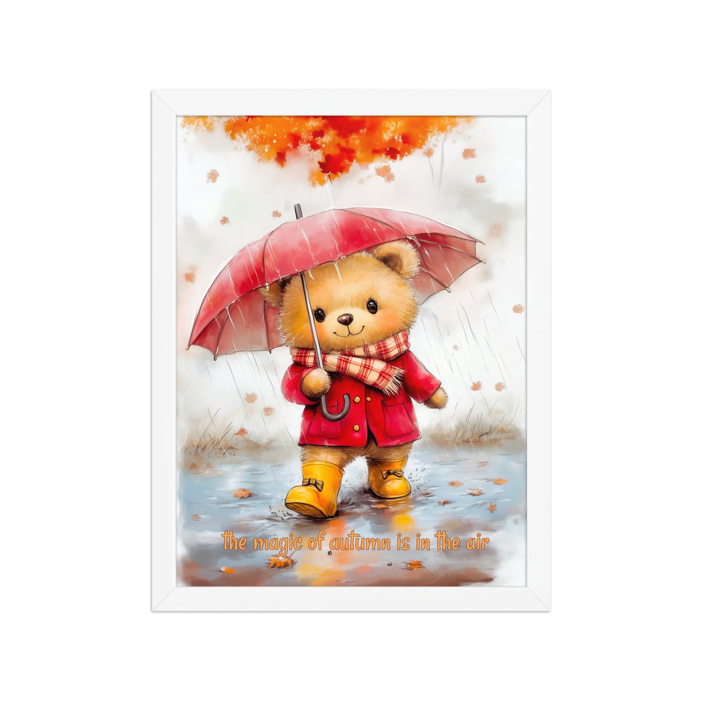 White framed poster showing a whimsical bear in a red raincoat and umbrella with autumn leaves.