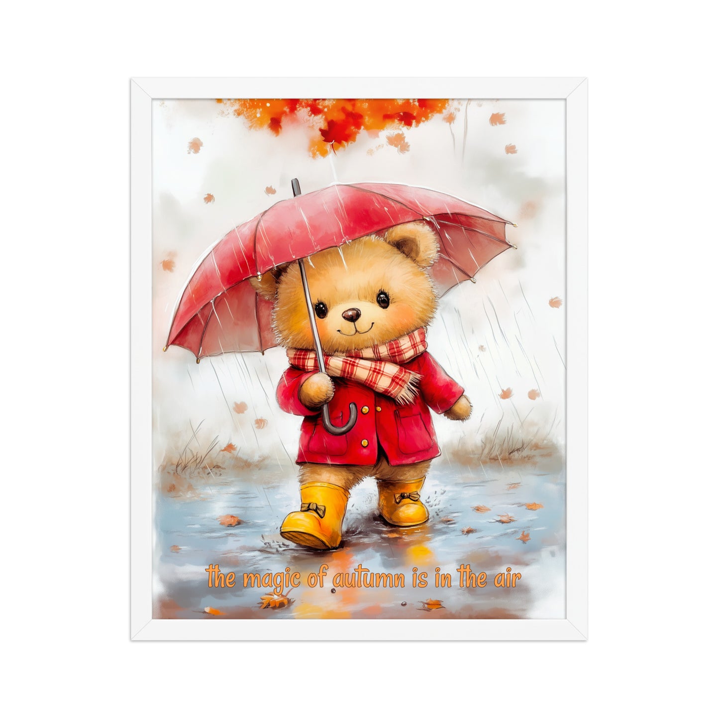 White framed poster showing a whimsical bear in a red raincoat and umbrella with autumn leaves.