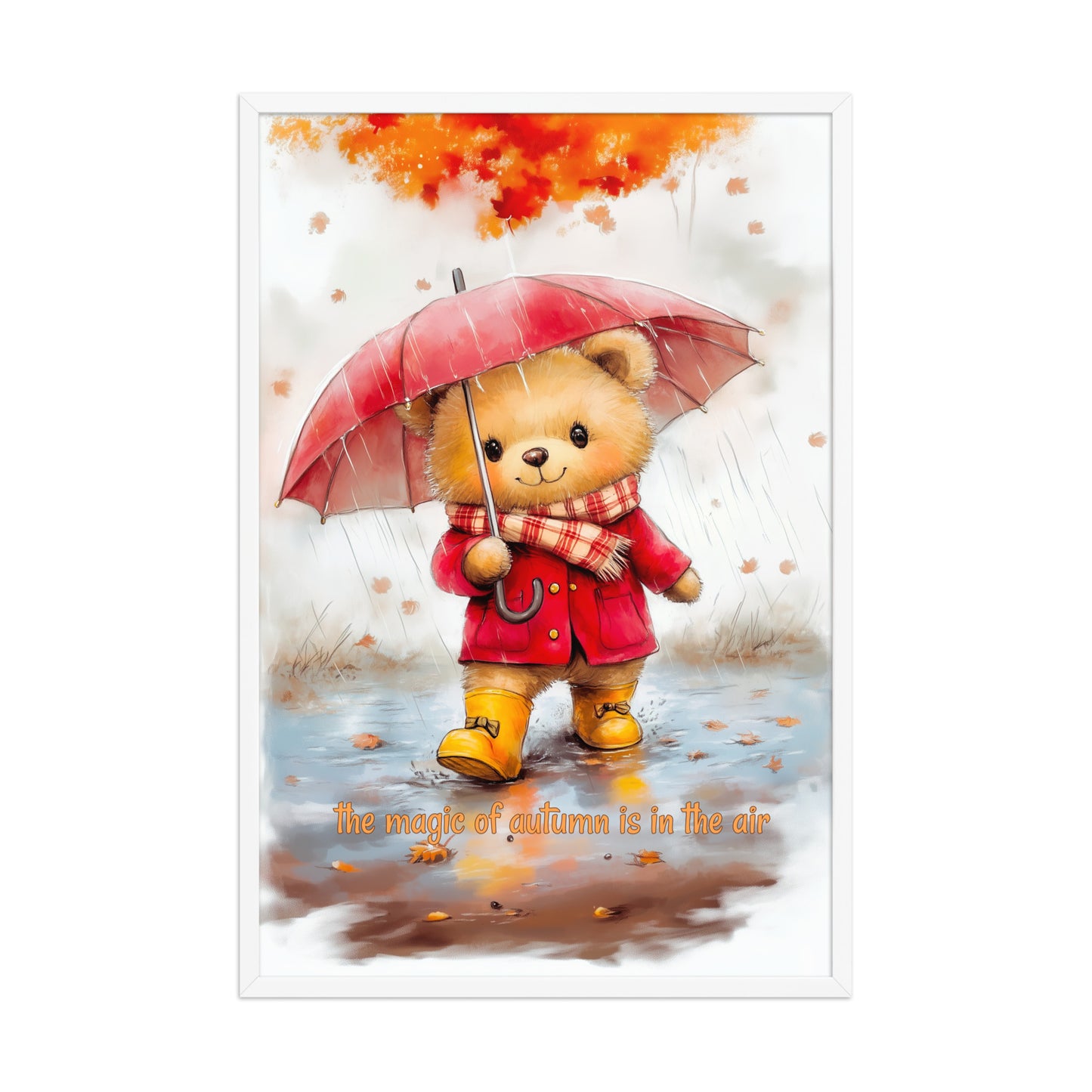 White framed poster showing a whimsical bear in a red raincoat and umbrella with autumn leaves.
