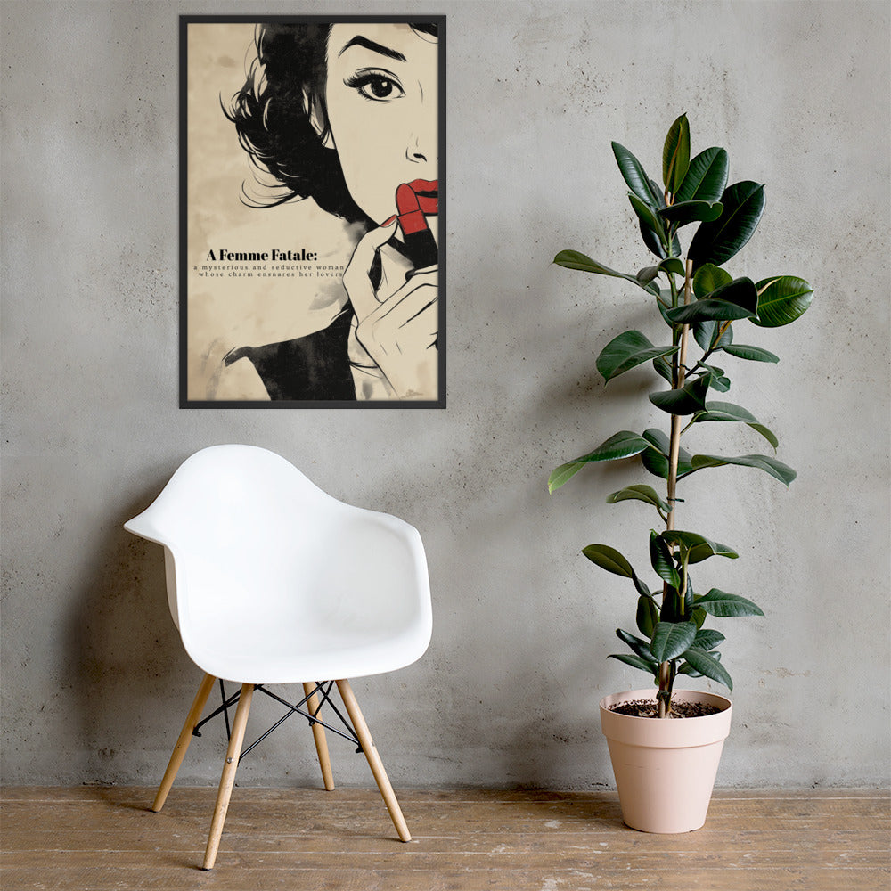 Living room interior featuring the 'Femme Fatale' sustainable framed poster above white chair and a potted plant. 