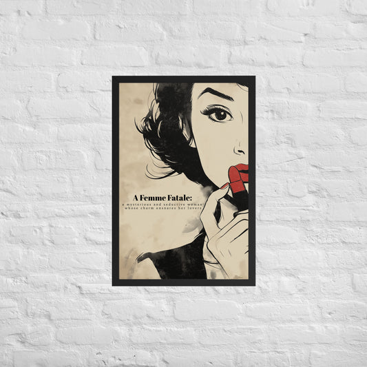 Black framed poster showing a dark feminine illustration of a woman in a renewable wood frame.