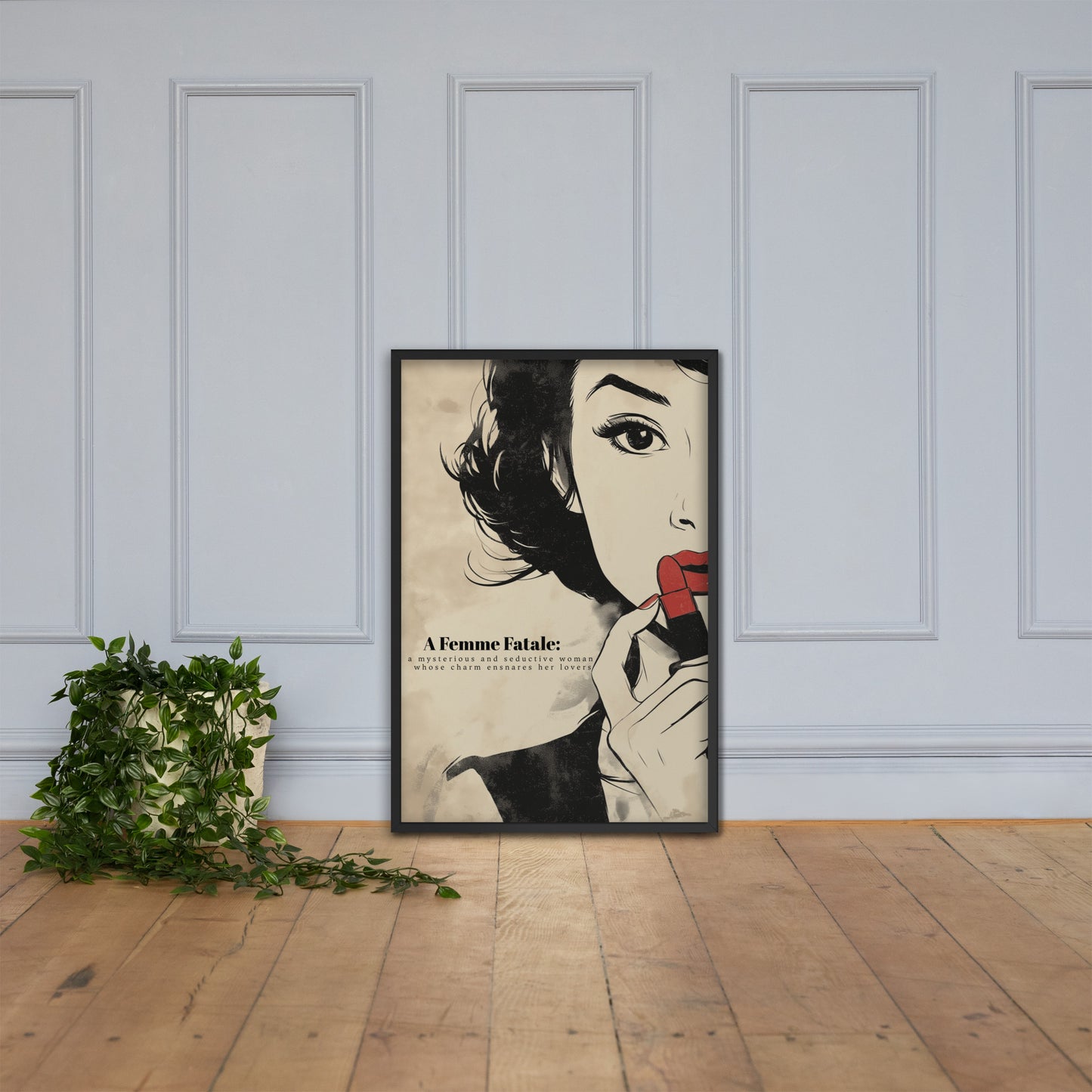 Black framed poster showing a dark feminine illustration of a woman in a renewable wood frame.