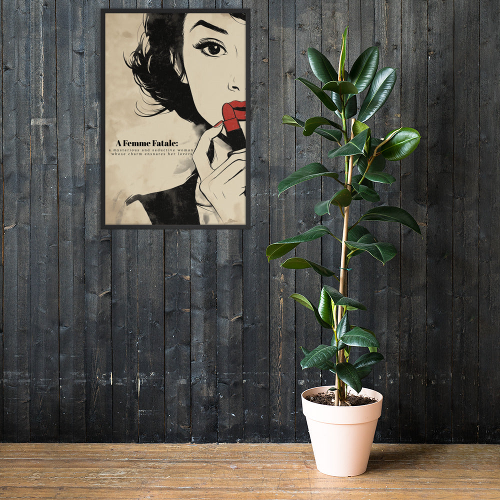 Living room interior featuring the 'Femme Fatale' sustainable framed poster next to a potted plant. 