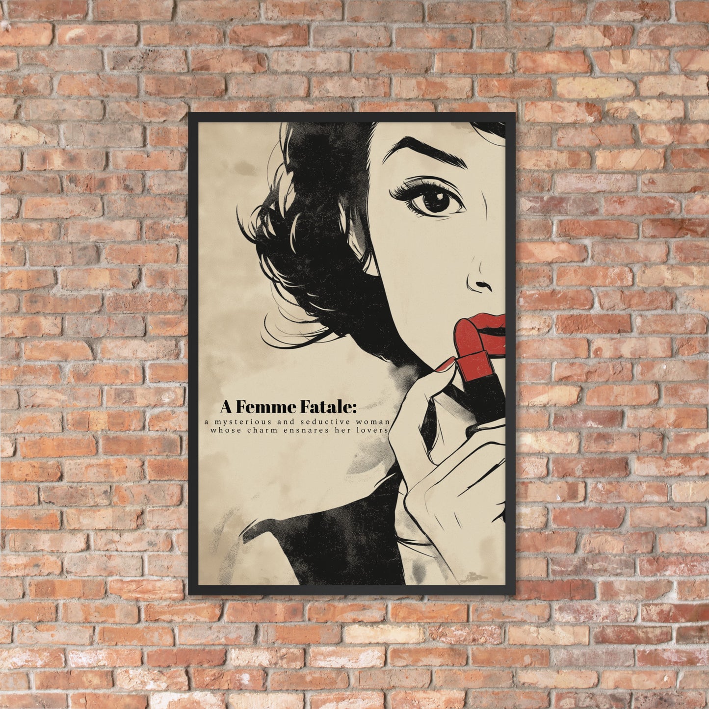 Black framed poster showing a dark feminine illustration of a woman in a renewable wood frame.