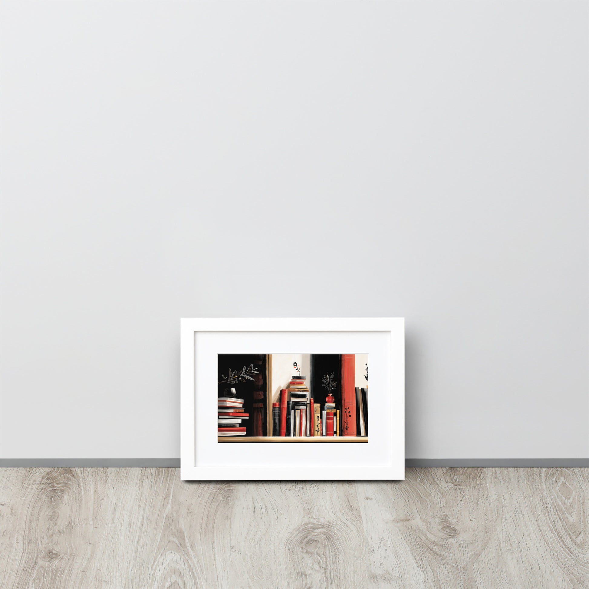 Framed minimalist art print with a white mat border featuring a sophisticated book-themed illustration.
