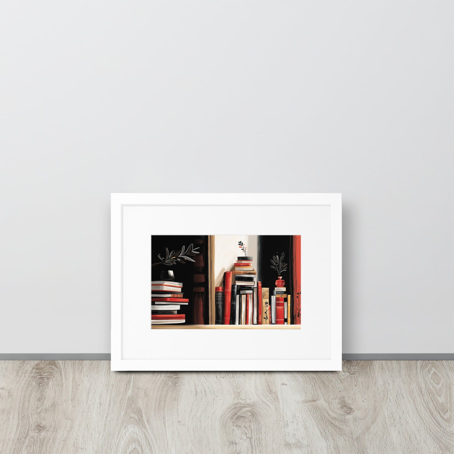 Framed minimalist art print with a white mat border featuring a sophisticated book-themed illustration.