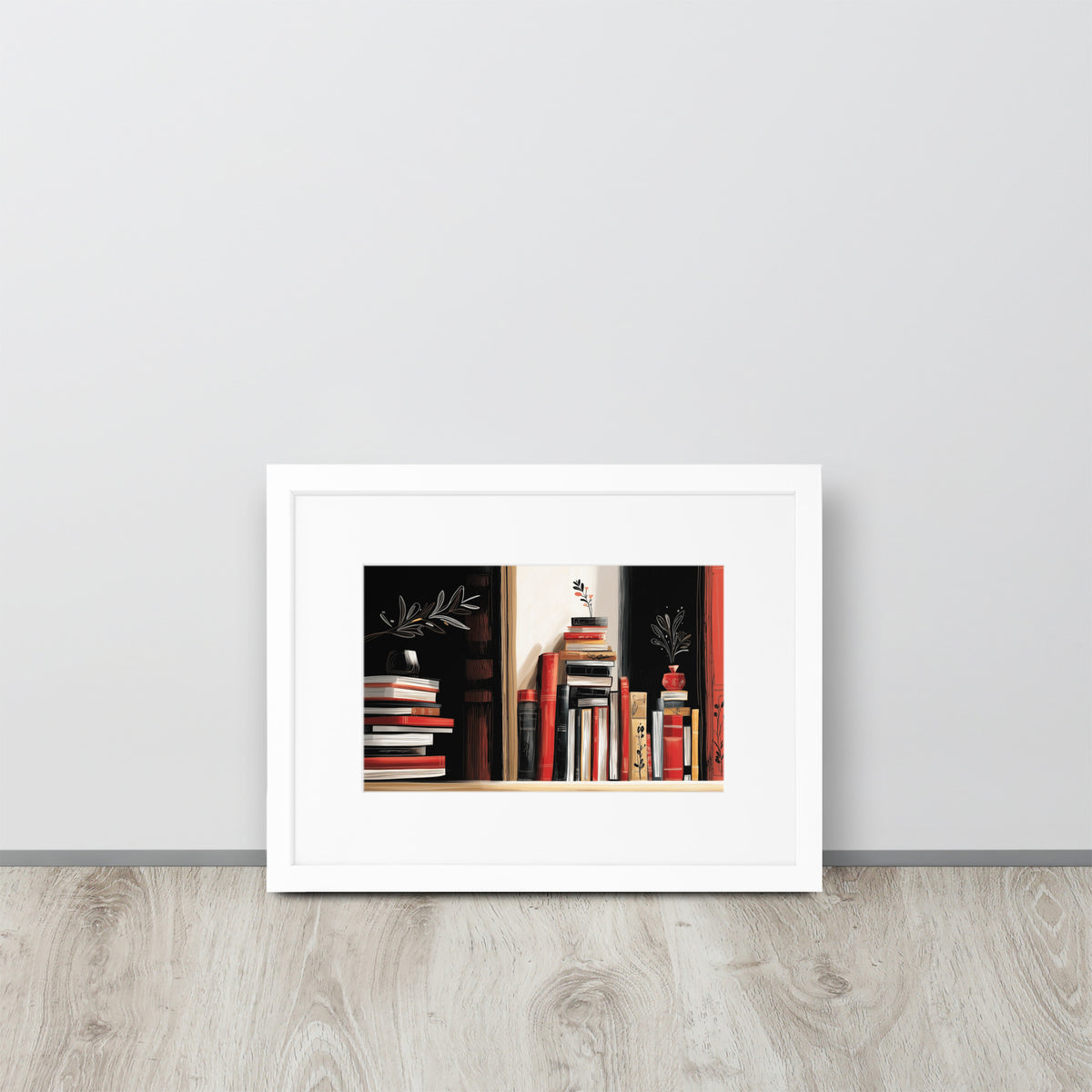 Framed minimalist art print with a white mat border featuring a sophisticated book-themed illustration.