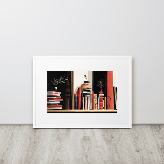 Framed minimalist art print with a white mat border featuring a sophisticated book-themed illustration.