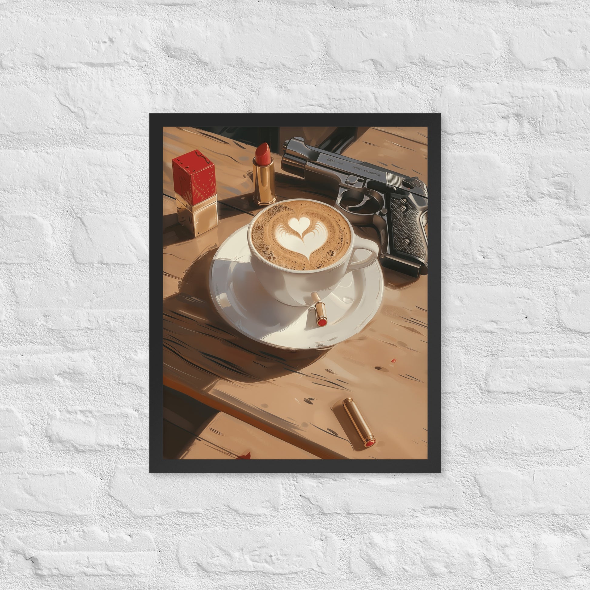Framed poster of a cappuccino with latte art on a wooden table, with gun and lipstick items in the background by Sweet and Savage. 