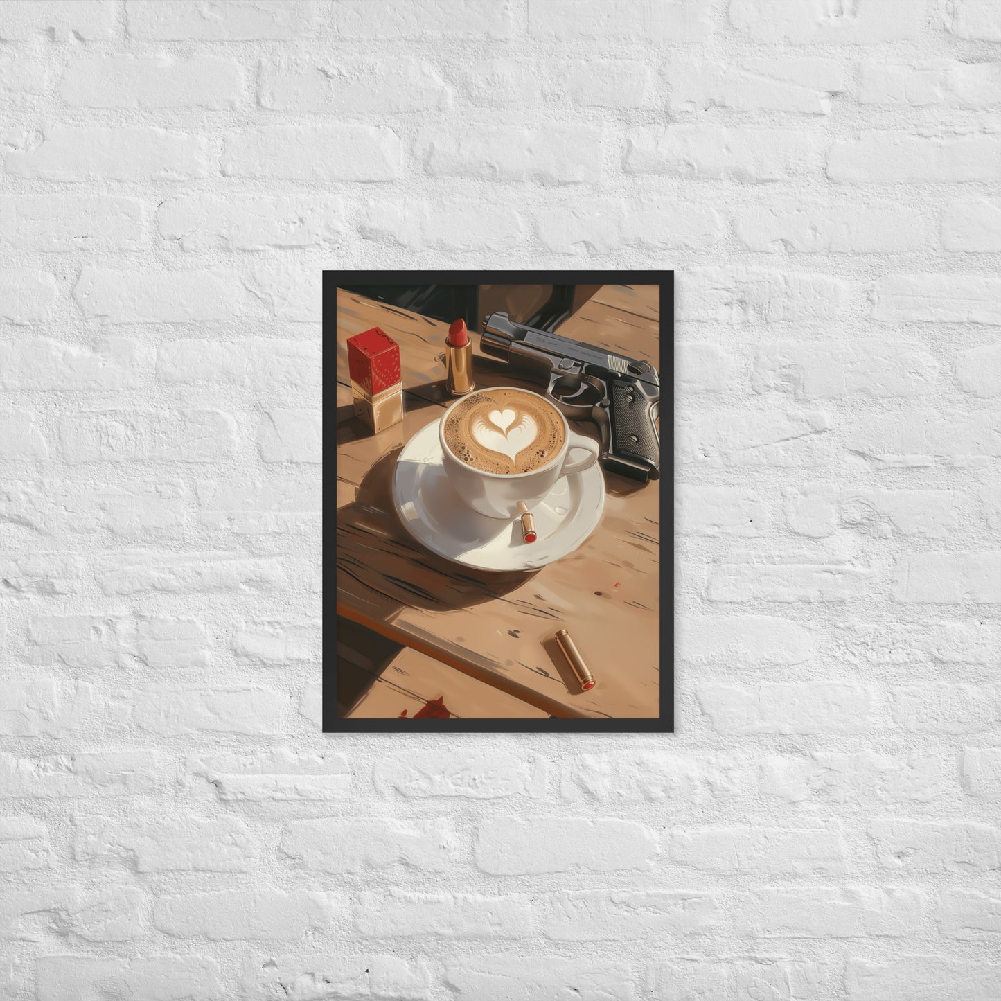 Framed poster of a cappuccino with latte art on a wooden table, with gun and lipstick items in the background by Sweet and Savage. 