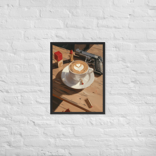 Framed poster of a cappuccino with latte art on a wooden table, with gun and lipstick items in the background by Sweet and Savage. 