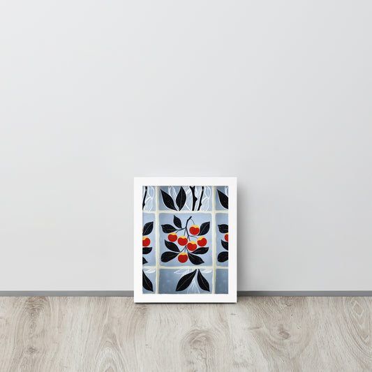 Framed minimalist poster featuring an elegant illustration of cherries with clean lines and modern style in a white wood frame.