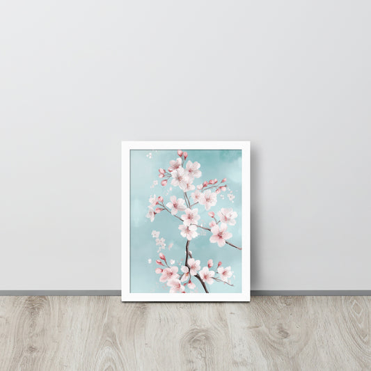 Framed poster of cherry blossoms on a light blue background by Sweet and Savage. 