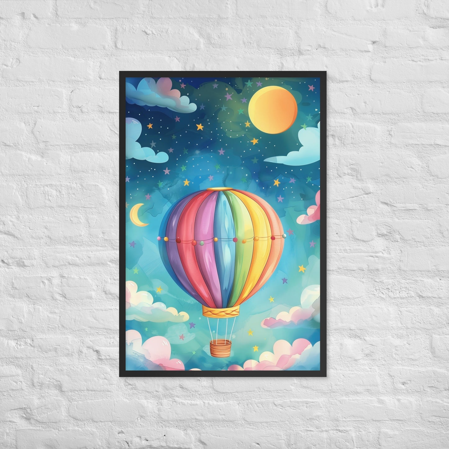 Framed A4 poster of a colorful hot air balloon in a starry night sky. 