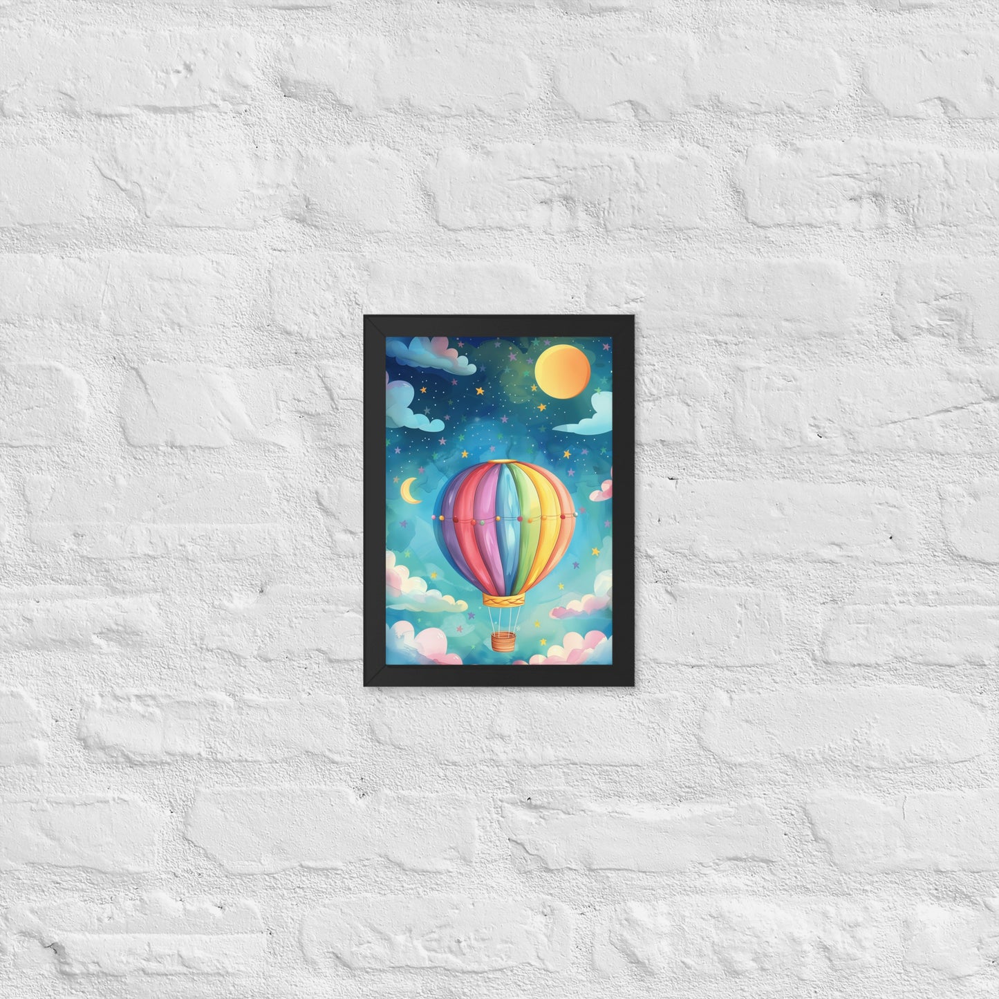 Framed A4 poster of a colorful hot air balloon in a starry night sky. 