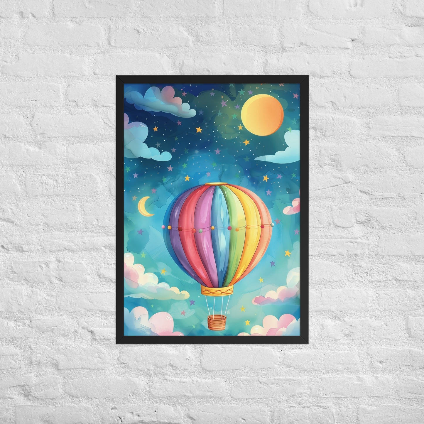 Framed A4 poster of a colorful hot air balloon in a starry night sky. 