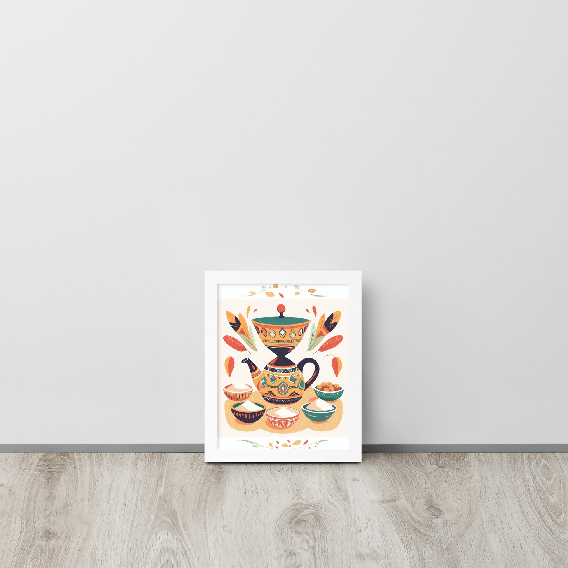 Framed whimsical poster featuring a colorful traditional coffee maker with vibrant, culturally-inspired patterns.